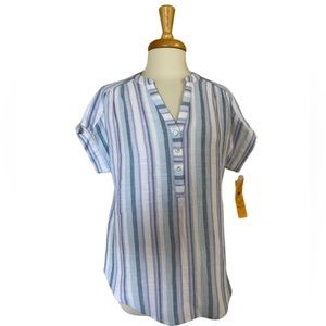 Size S NEW w/Tags Beautiful Stripe Blouse, blues, lavender & white gauze fabric